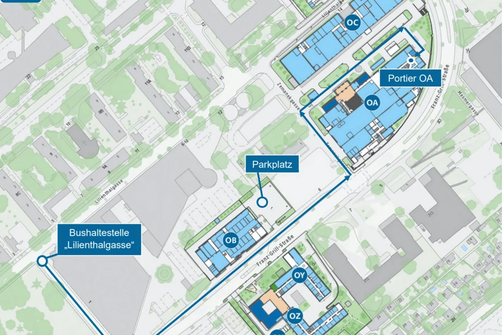 Eine Lagekarte zeigt den Weg vom Parkplatz und der Bushaltestelle „Lilienthal­gasse“ zu mehreren Gebäuden des Tec Labs, einschließlich der Bereiche OA, OB, OC, OX, OY und OZ.