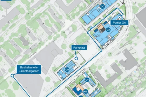 Eine Lagekarte zeigt den Weg vom Parkplatz und der Bushaltestelle „Lilienthal­gasse“ zu mehreren Gebäuden des Tec Labs, einschließlich der Bereiche OA, OB, OC, OX, OY und OZ.